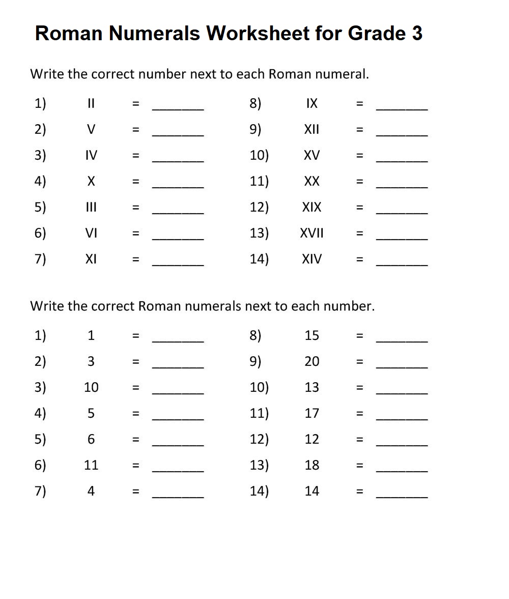 Printable Roman Numeral Worksheet Grade 3