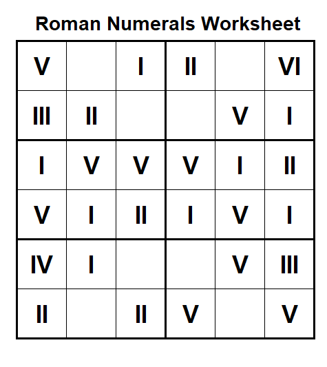 Roman Numeral Worksheet for Kids